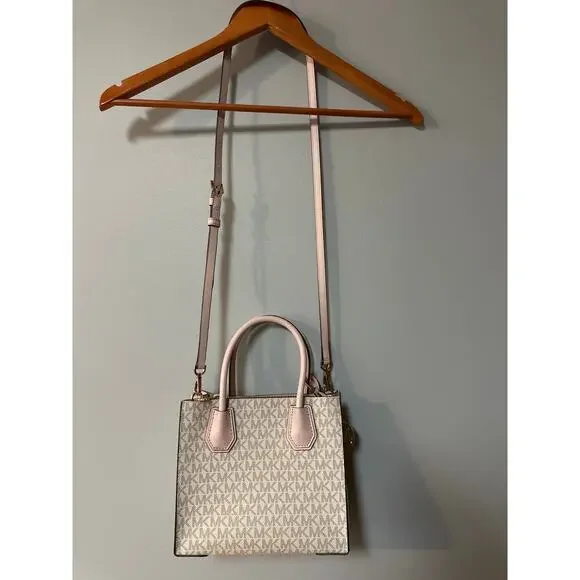 Michael Kors Small Tote Crossbody Bag Signature MK Vanilla Pink Leather Handles - Picture 3 of 6